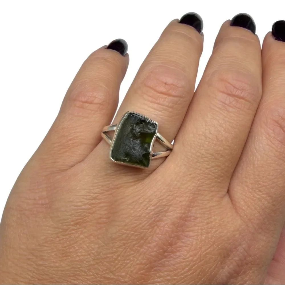 Moldavite Ring Size 8 Solid 925 Sterling Silver Natural Stone Crystal Raw Rough
